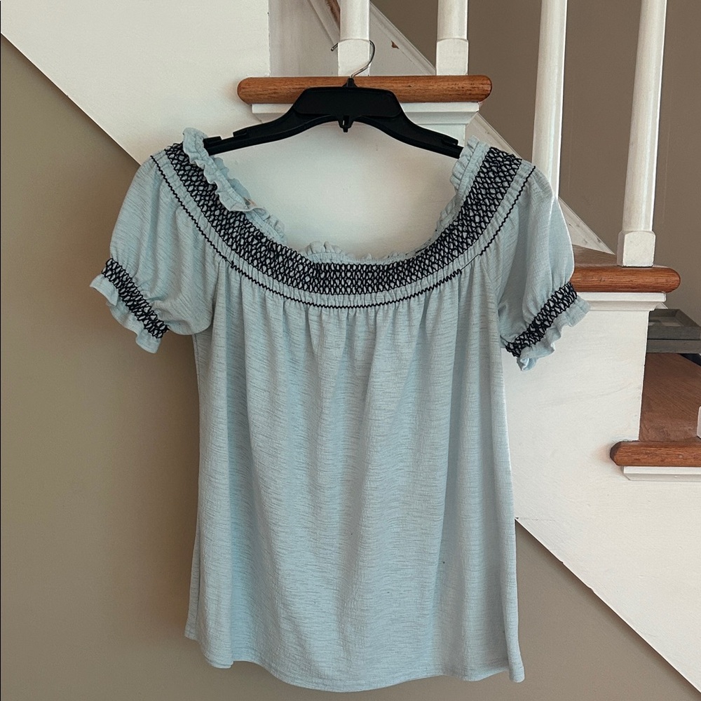 Elegant Light Blue Smocked Blouse